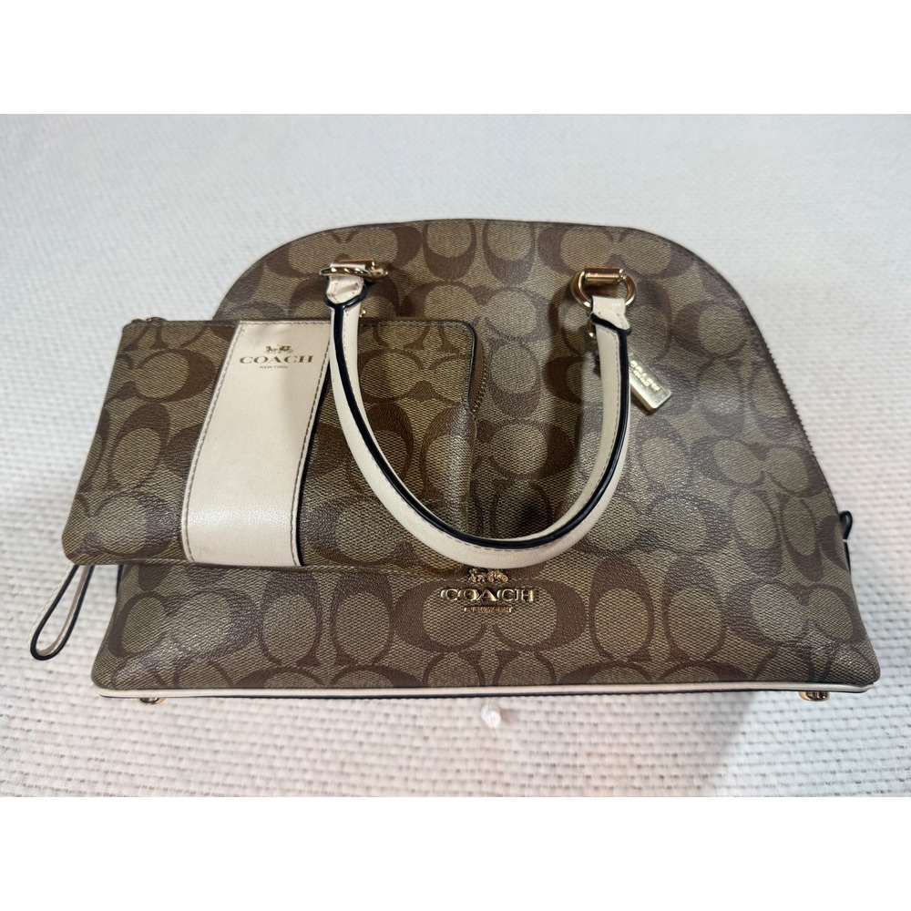 Coach Katy Dome Satchel and Wristlet Set Signature Canvas Brown Chalk C8499
